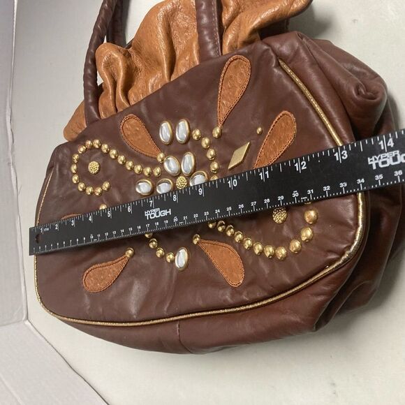 Y2K Genuine Leather Rhinestone Handbag Satchel brown & tan Baguette Chunky - Picture 6 of 11